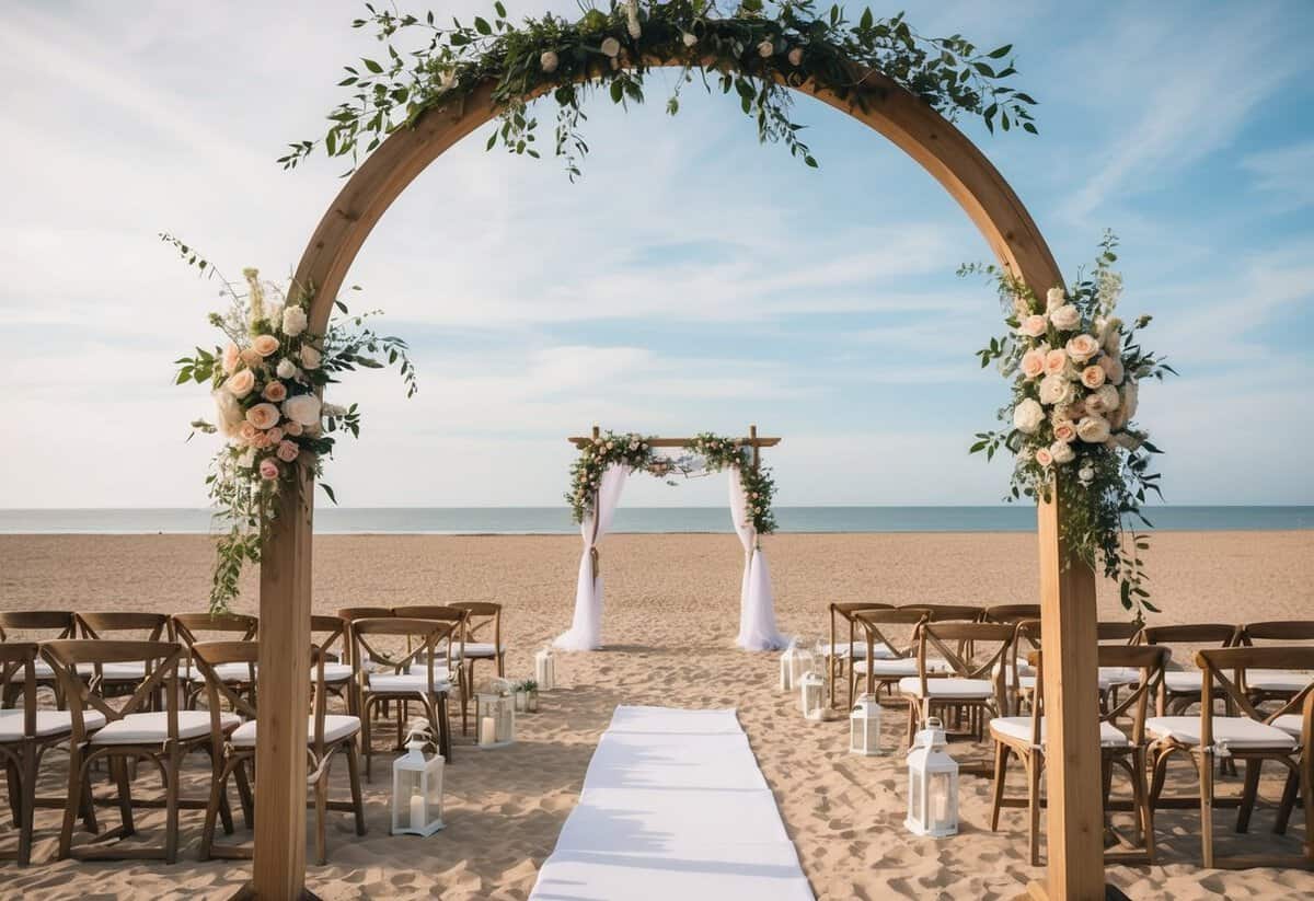 A picturesque beach in the UK with a wooden arch adorned with flowers, a white canopy, and scattered seating for a wedding ceremony