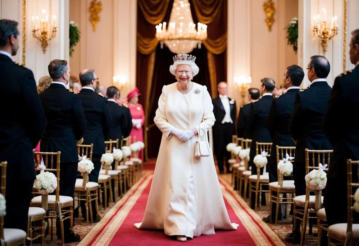Queen Elizabeth walks down the aisle, surrounded by opulent decor and regal attendants, as an orchestra plays a majestic and grandiose melody