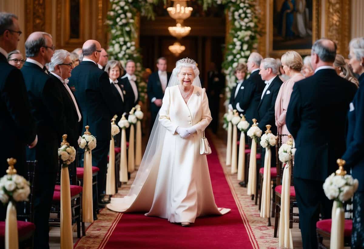 Queen Elizabeth walks down the aisle to the sound of a majestic and uplifting orchestral piece, surrounded by opulent decorations and adoring onlookers