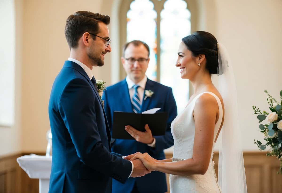 A couple standing before a registrar, exchanging vows in a simple, intimate ceremony