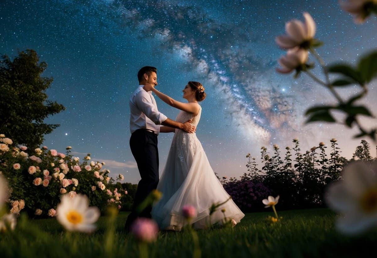 A couple dances under a starry sky, surrounded by blooming flowers and a gentle breeze