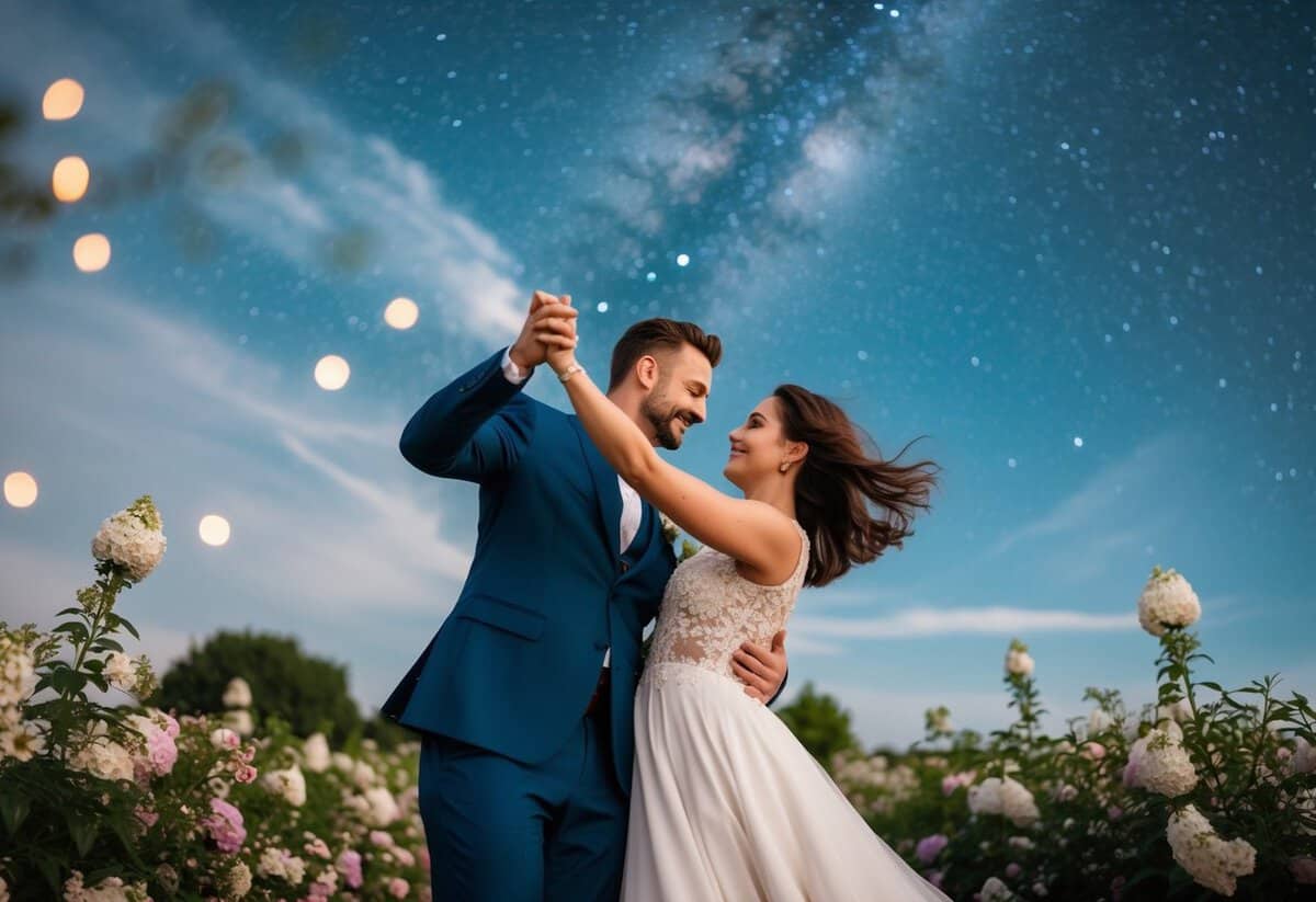 A couple dancing under a starry sky, surrounded by blooming flowers and a gentle breeze