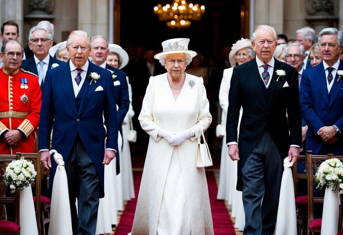 Queen Elizabeth walks down the aisle to a traditional, regal song, surrounded by notable attendees and following established wedding traditions