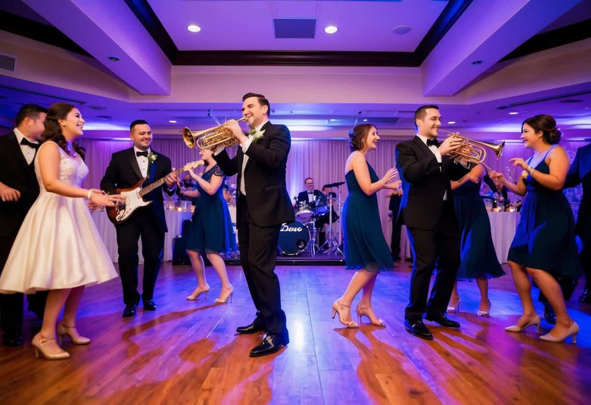 A live band plays upbeat, romantic music at a wedding reception. The dance floor is filled with guests swaying and twirling to the joyful melodies