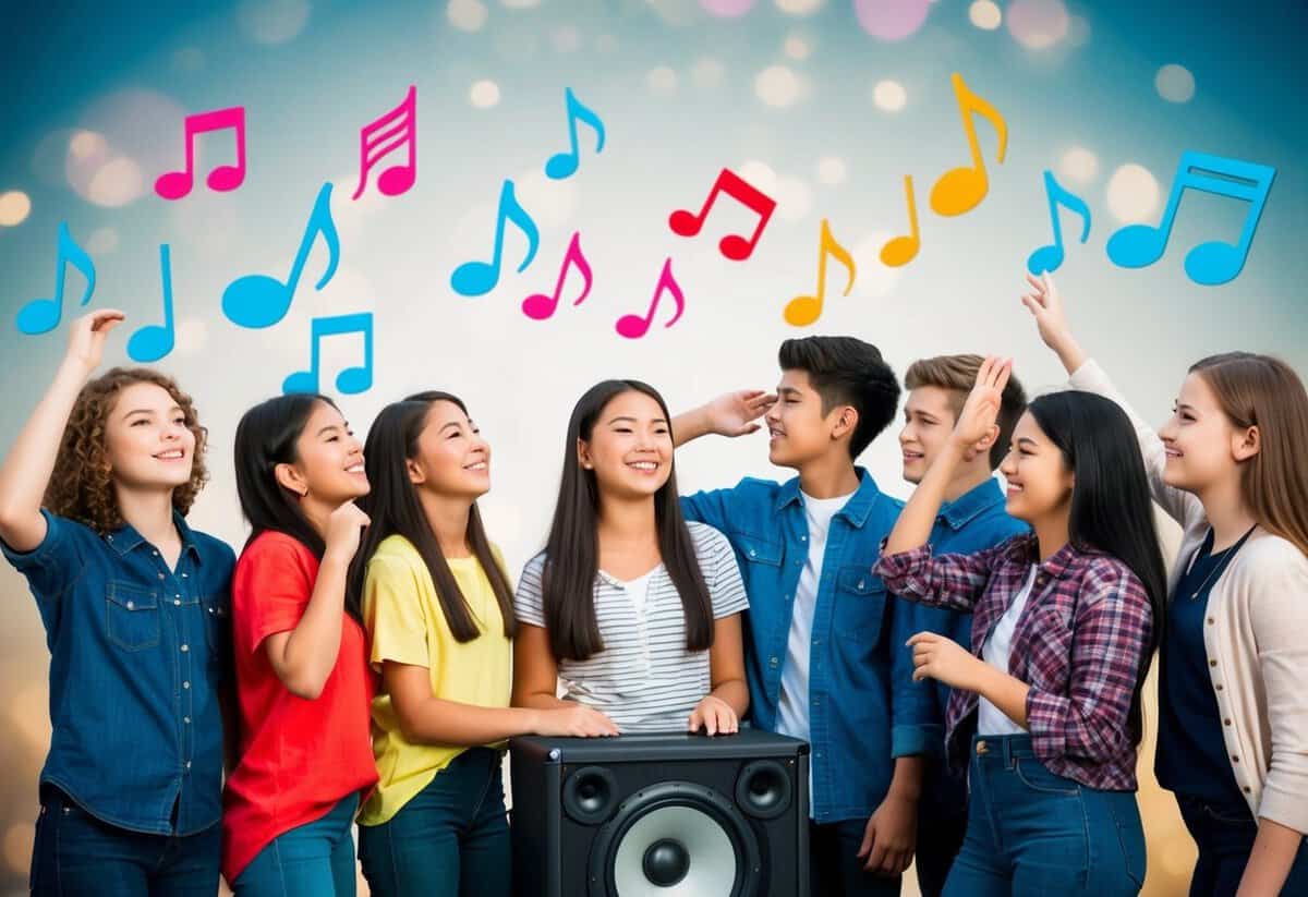 A group of 16-year-olds gathered around a speaker, nodding their heads to the beat, while colorful music notes float around them