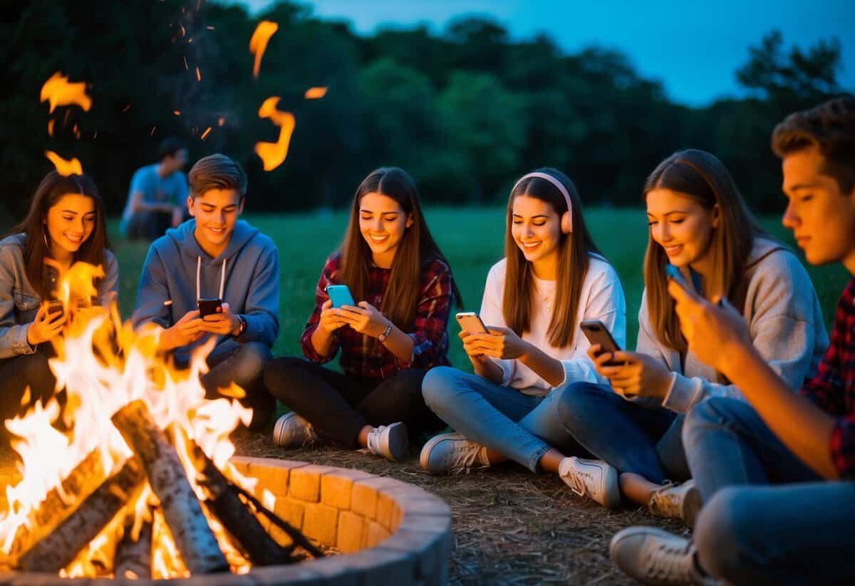 A group of 16-year-olds gather around a bonfire, listening to music on their phones. Pop, hip-hop, and indie rock can be heard blending together in the warm summer night