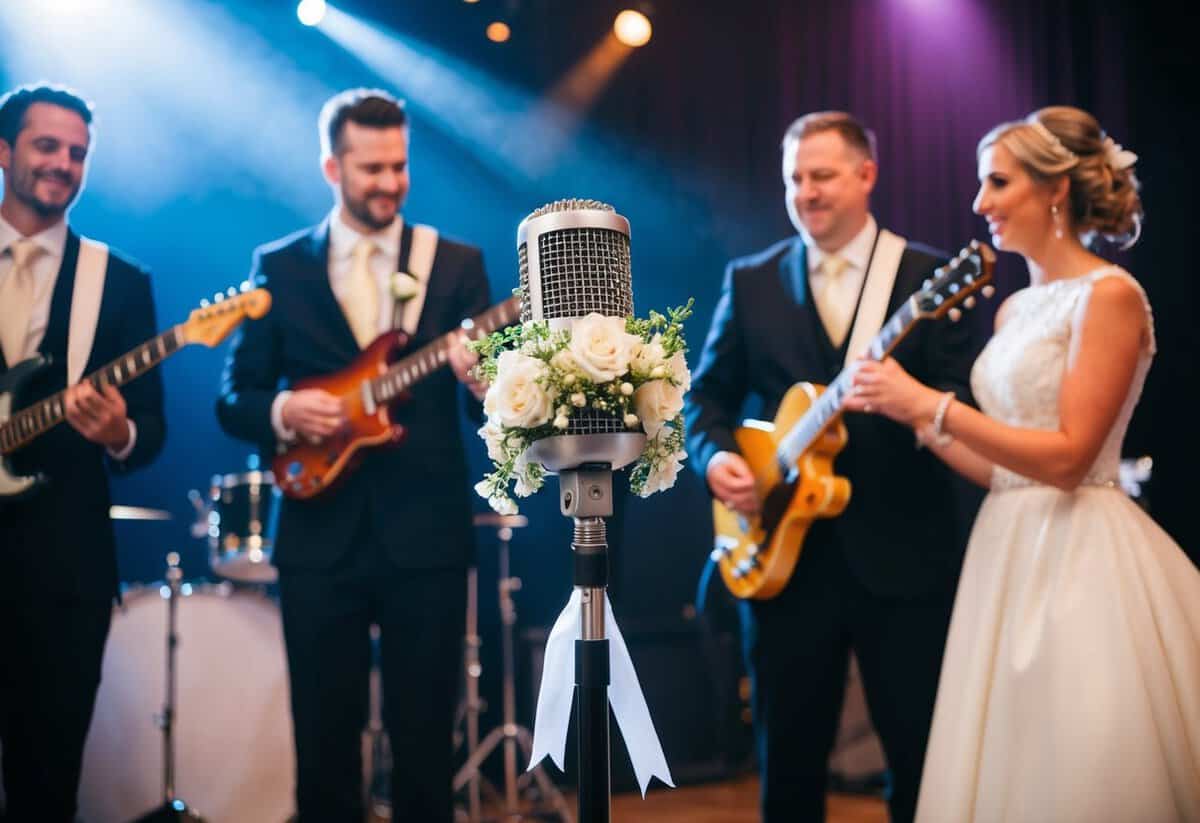 A spotlight shines on a lone microphone center stage, adorned with flowers and ribbons, as the band prepares to play the bride's special song