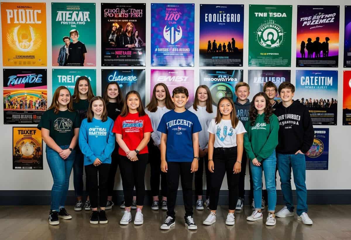 A group of 16-year-olds standing in front of a colorful array of concert posters, each representing a different music genre