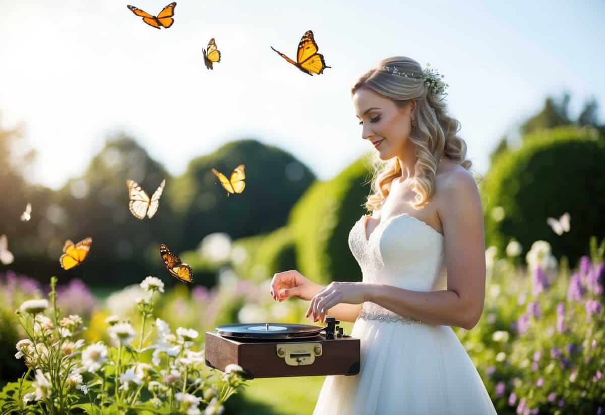 A bride stands in a sunlit garden, surrounded by fluttering butterflies and blooming flowers. She holds a vintage record player, carefully selecting the perfect song for her special day