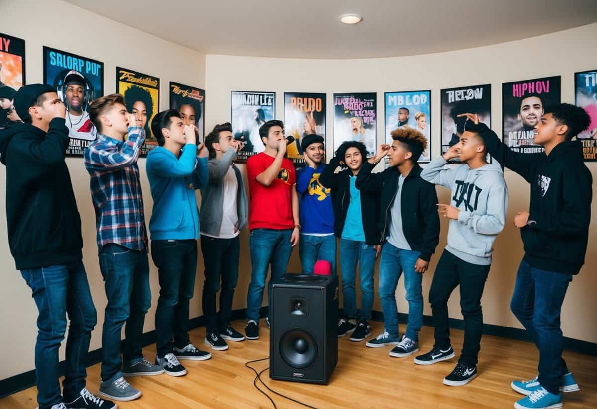 A group of 16 year olds gather around a speaker, nodding their heads to the beat of modern pop and hip-hop music. Posters of popular artists adorn the walls, reflecting their influence