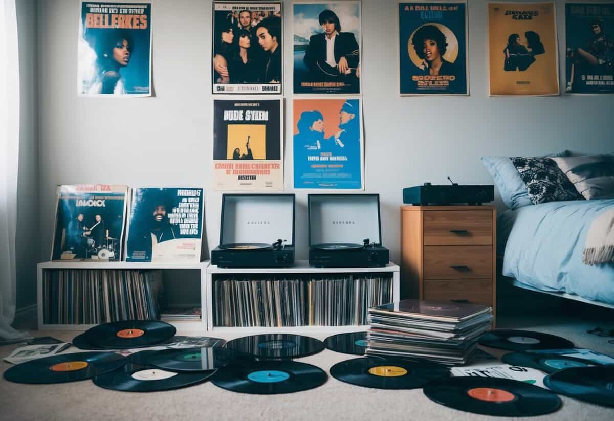 A cluttered bedroom with posters of various music artists on the walls, a record player on the shelf, and a stack of vinyl records scattered on the floor