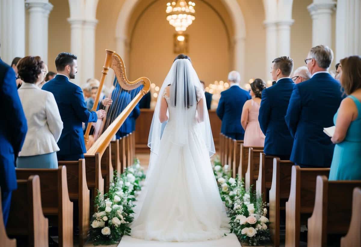 A bride stands at the altar, a harpist plays a serene melody as she walks down the aisle
