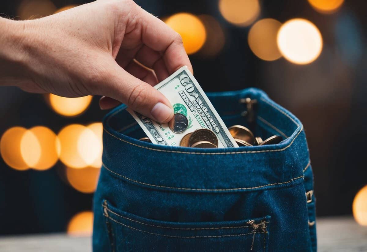 A hand reaching into a pocket, counting out coins and bills