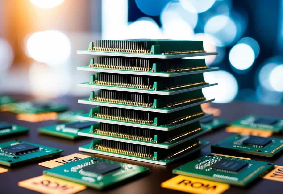 A stack of computer chips with various ROM capacities displayed on price tags