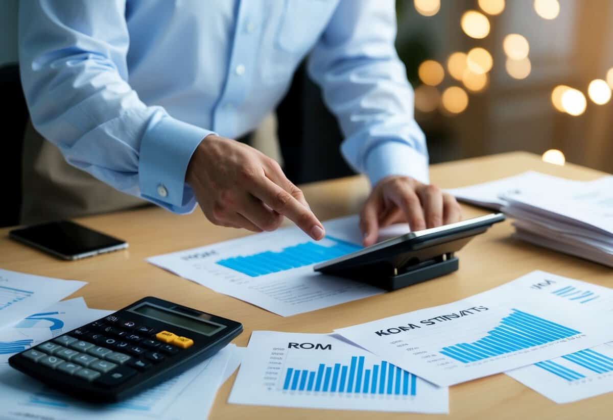 A figure calculating and comparing various ROM estimates on a desk with scattered papers and a calculator