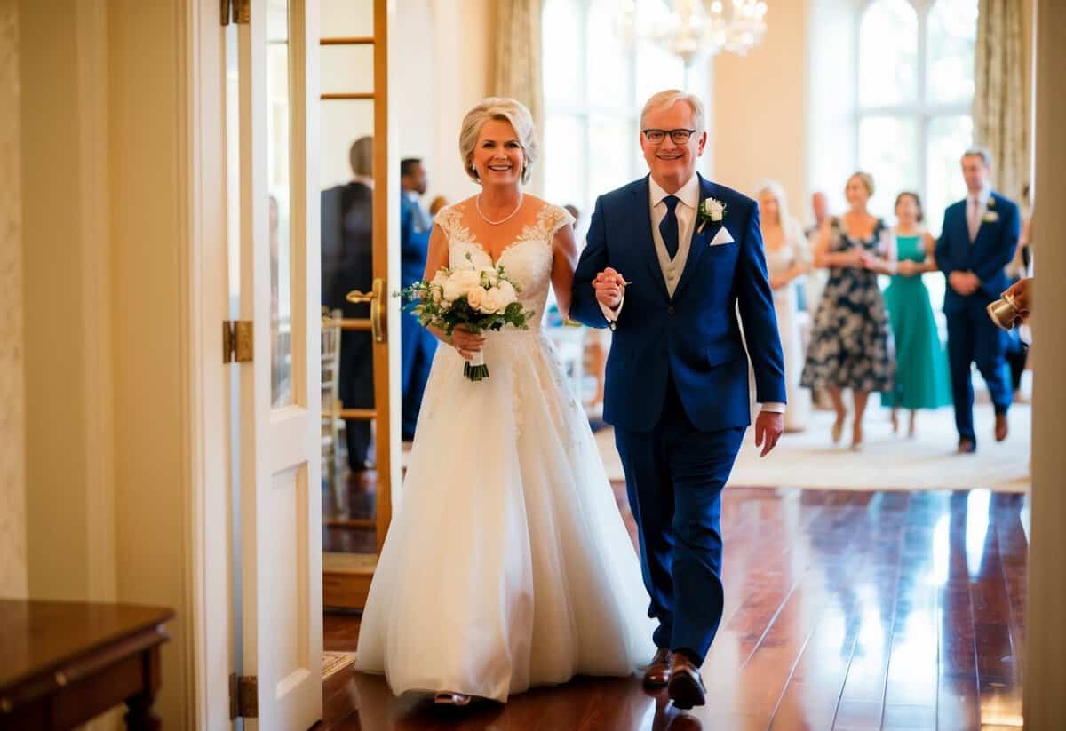 The mother of the bride walks gracefully into the room as music fills the air