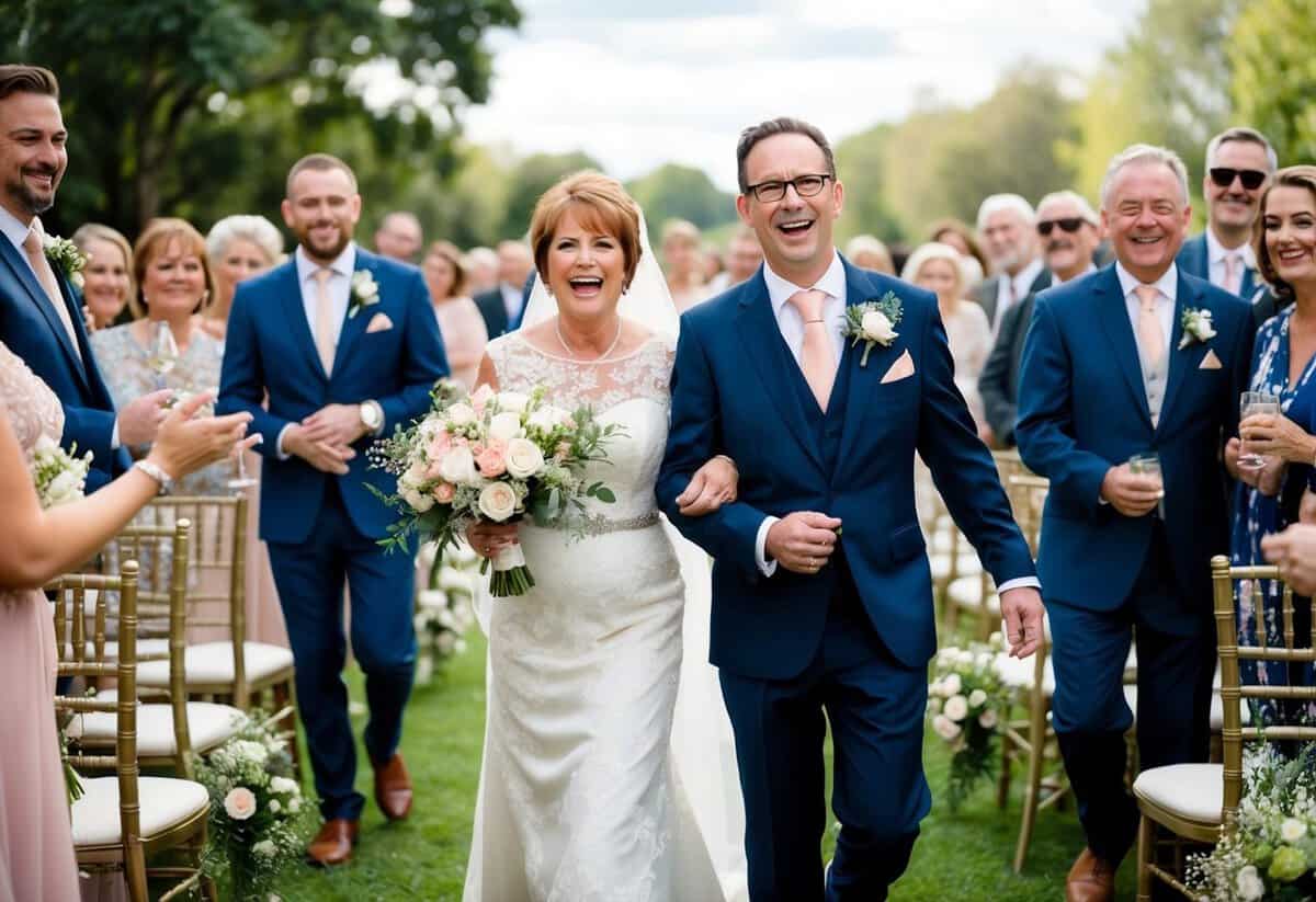 A joyful wedding procession with the mother of the bride walking in to the sound of music, surrounded by flowers and happy guests