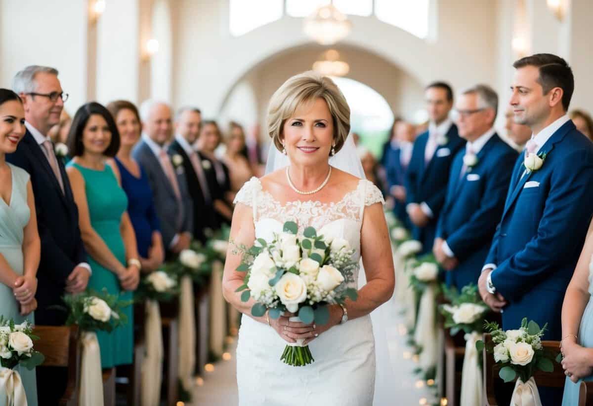 The mother of the bride walks down the aisle to the sound of soft, elegant music playing in the background