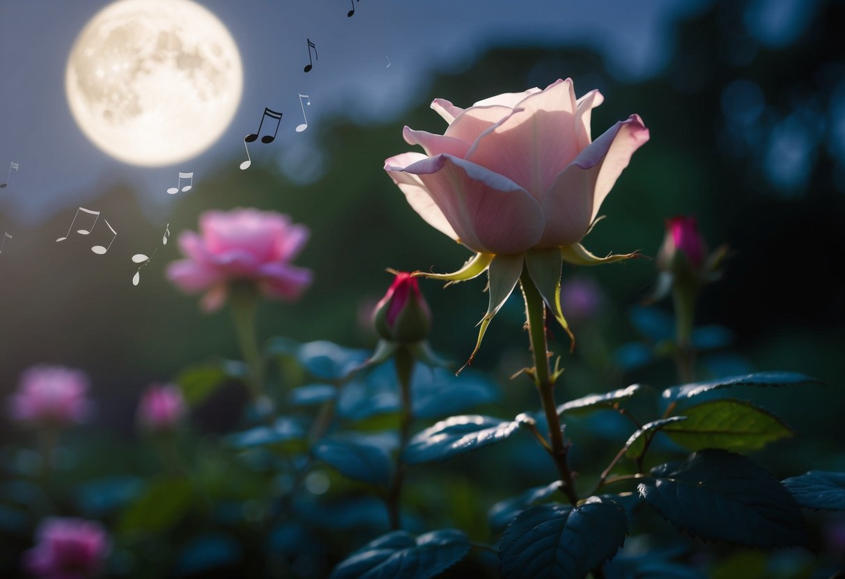 A solitary rose blooms in a moonlit garden, its petals bathed in a soft, ethereal glow, as a gentle breeze carries the haunting melody of a love song through the air