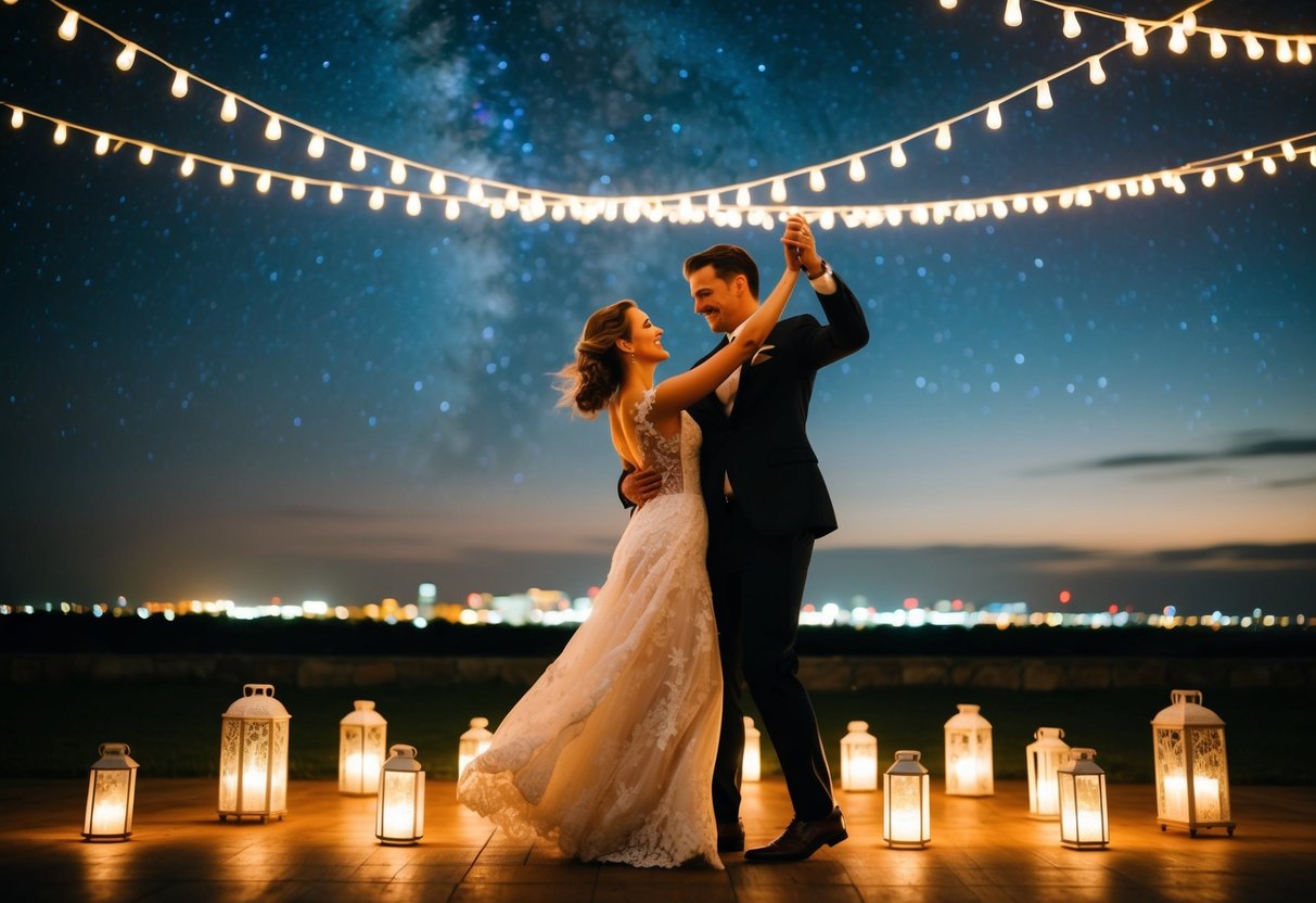 A couple dancing under a starry sky, surrounded by glowing lanterns and the soft glow of city lights in the distance