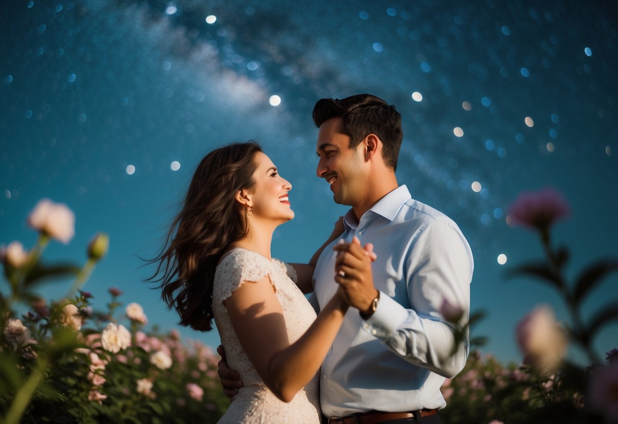 A couple dancing under a starry sky, surrounded by blooming flowers, with a mix of joy and longing on their faces