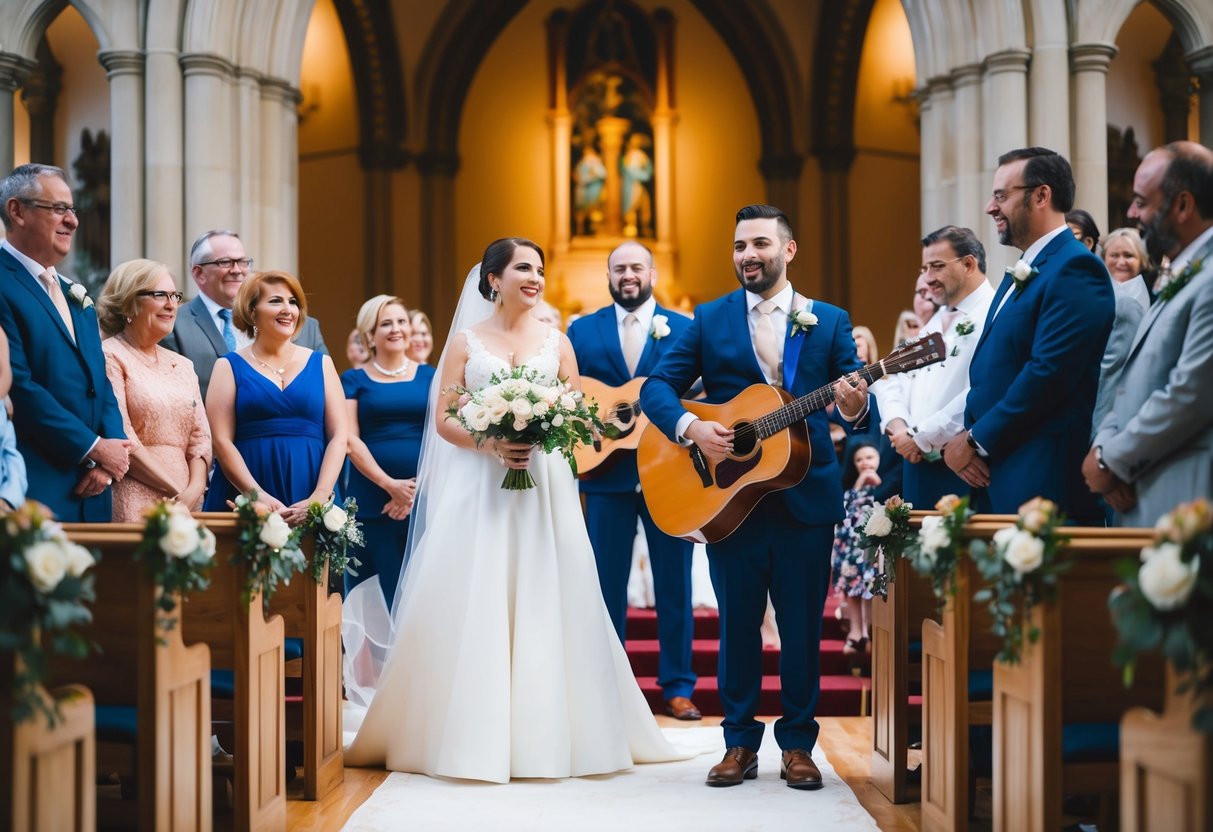 A bride and groom stand at the altar, surrounded by family and friends. A musician plays a song on a guitar, filling the air with music