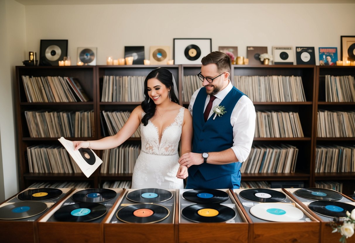 A couple stands in a cozy living room, surrounded by shelves of vinyl records. They flip through the collection, smiling and nodding as they select the perfect song for their wedding reception