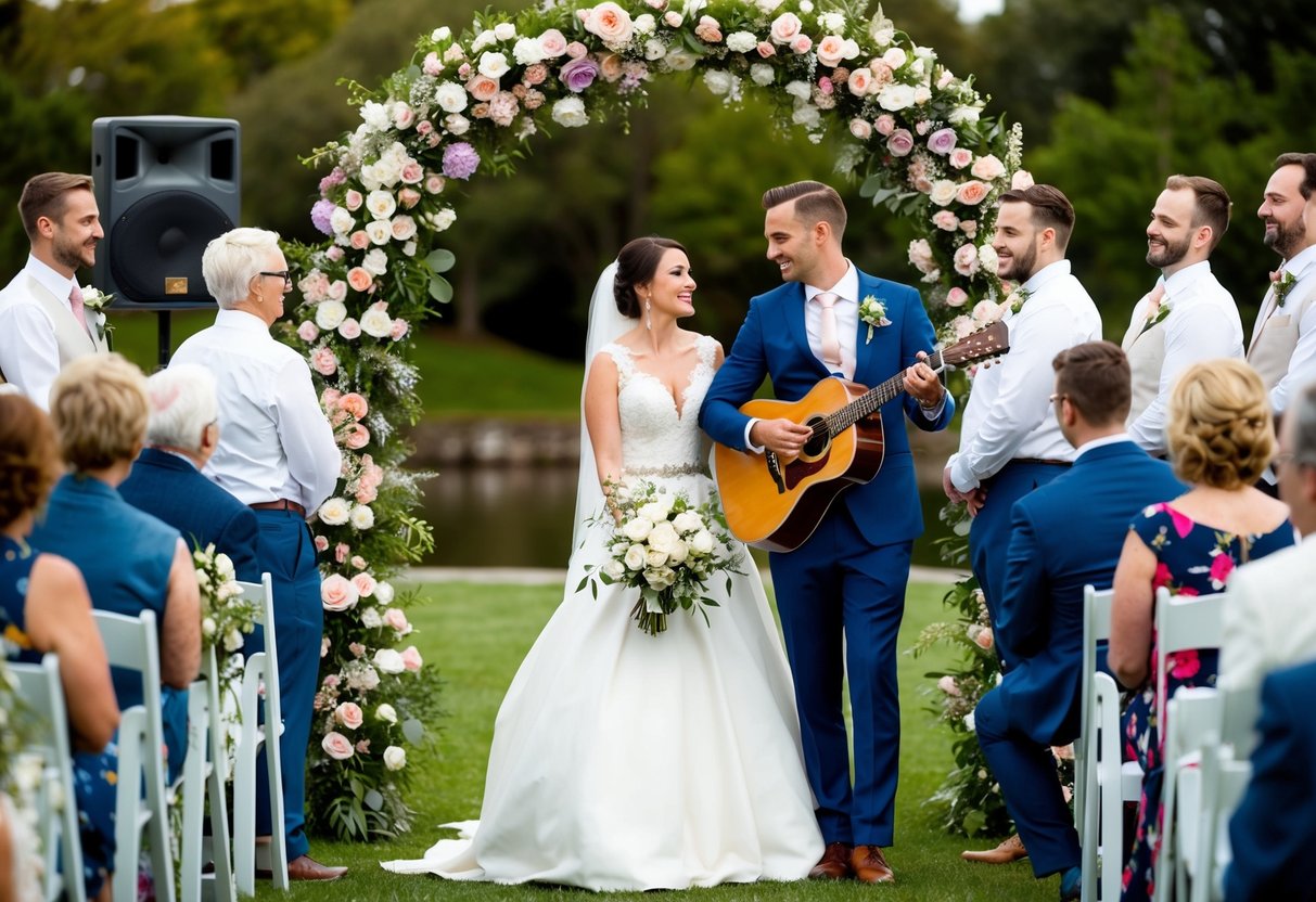 A bride and groom stand under a floral arch, surrounded by guests. A musician plays a guitar, and a speaker broadcasts the song at a wedding