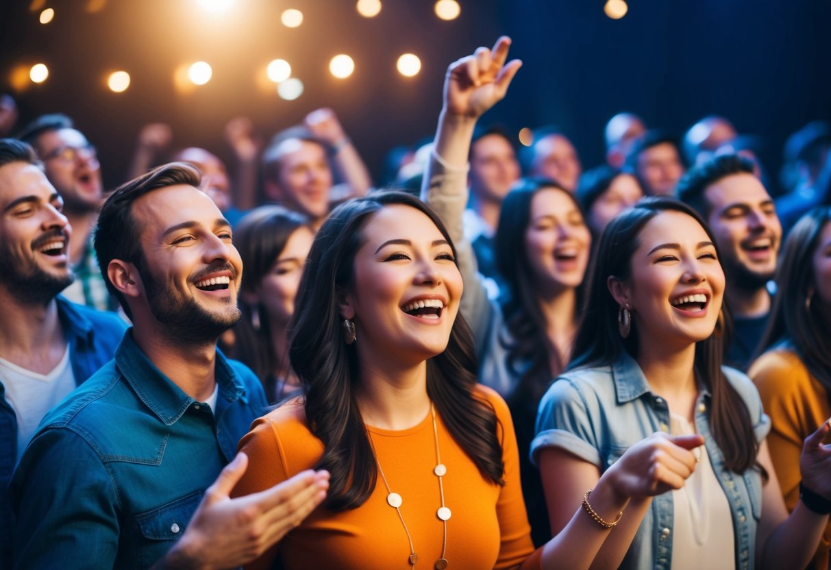 A crowd of people dancing and singing along to a song, with big smiles on their faces
