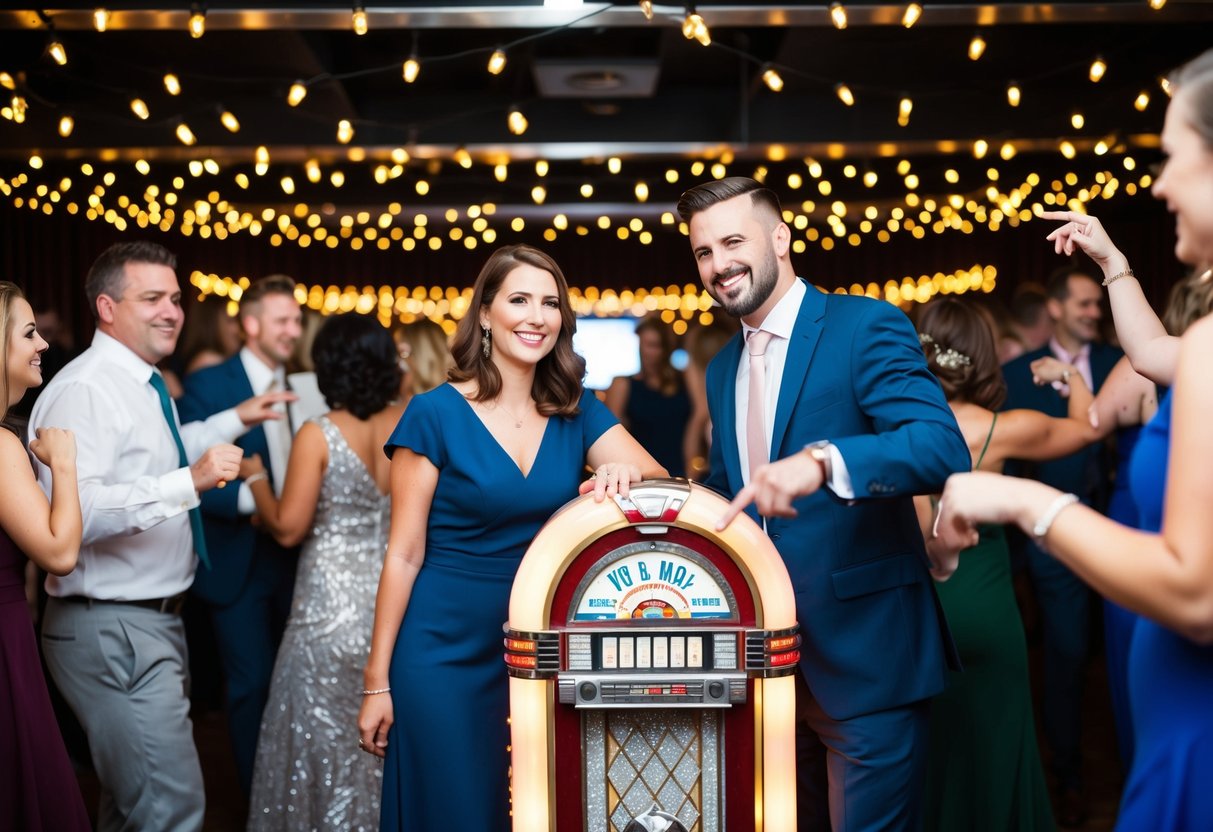 A couple stands before a jukebox, surrounded by twinkling lights and dancing guests. They point to a song, smiling