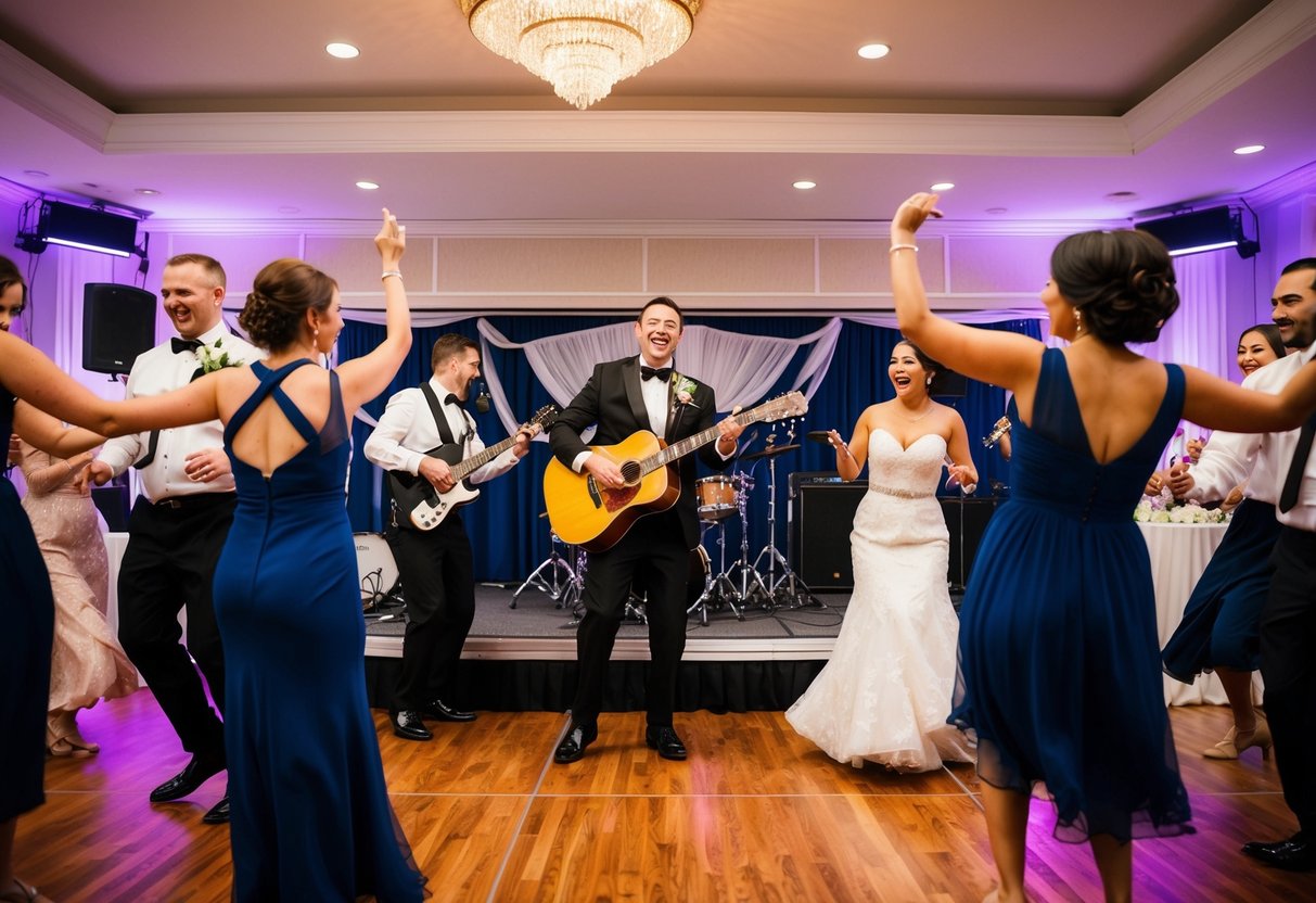A joyful wedding scene with a band performing live music, surrounded by dancing guests and a decorative stage