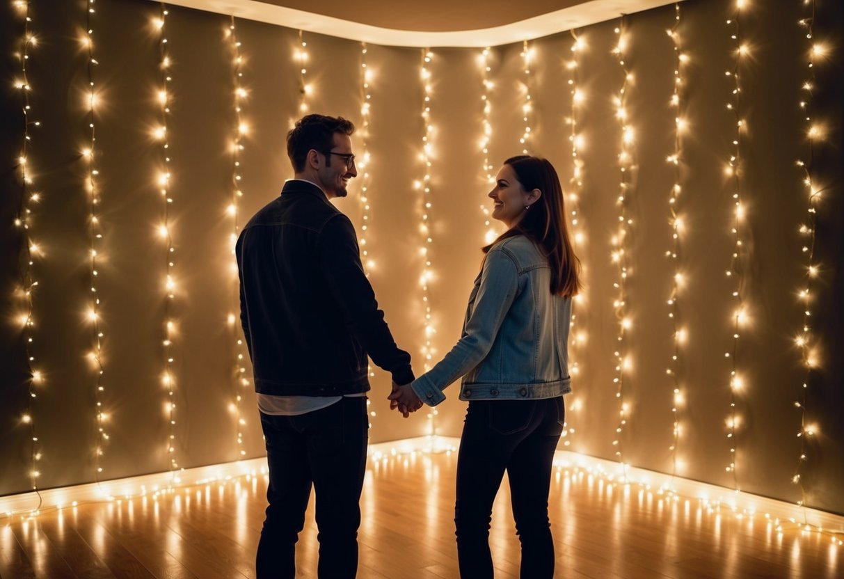 A couple stands in a dimly lit room surrounded by twinkling lights, listening to various songs while holding hands and swaying to the music