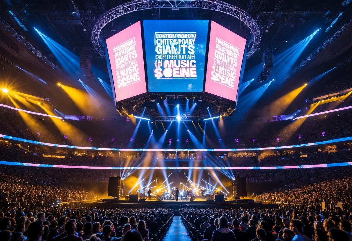 A crowded concert arena with pulsating lights and a massive stage, where the top music hit is being performed by contemporary giants in the music scene