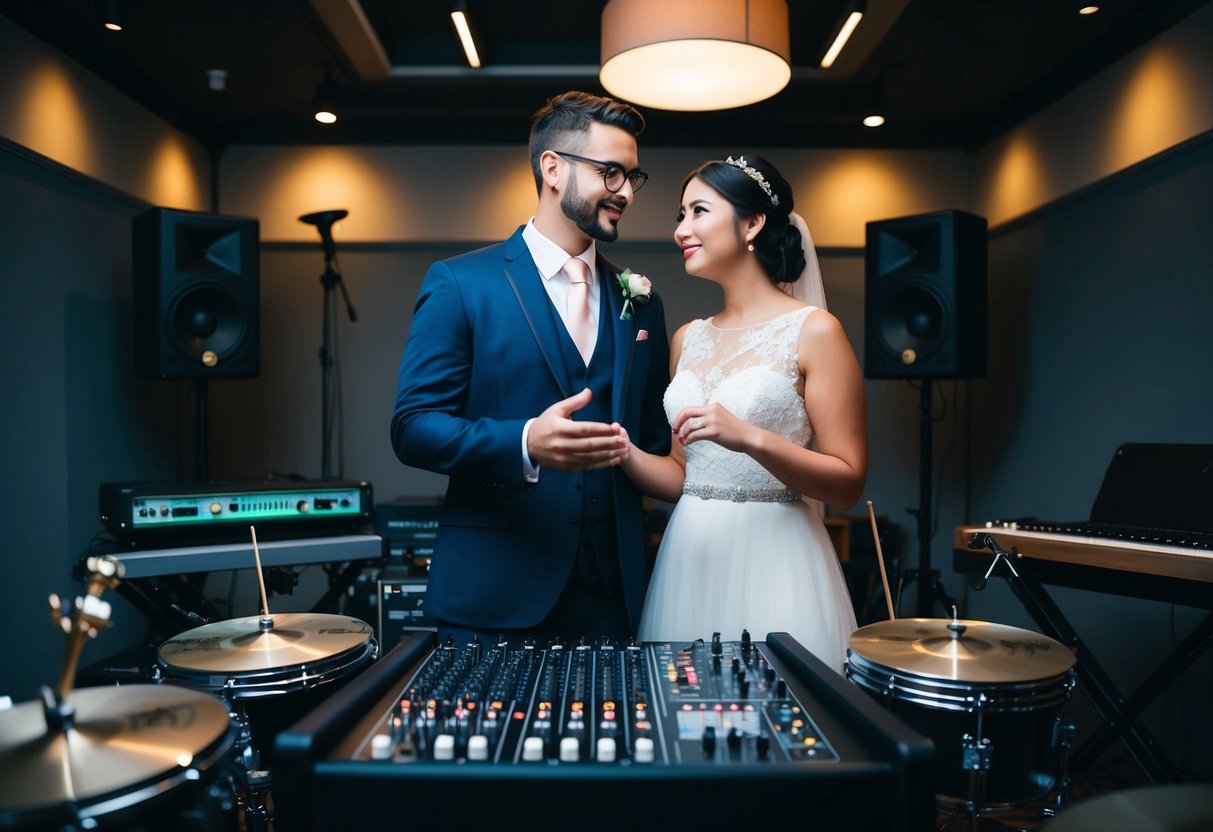 A couple stands in a dimly lit room, surrounded by a variety of musical instruments and sound equipment. They are discussing song options for their wedding reception, with a thoughtful and focused expression on their faces