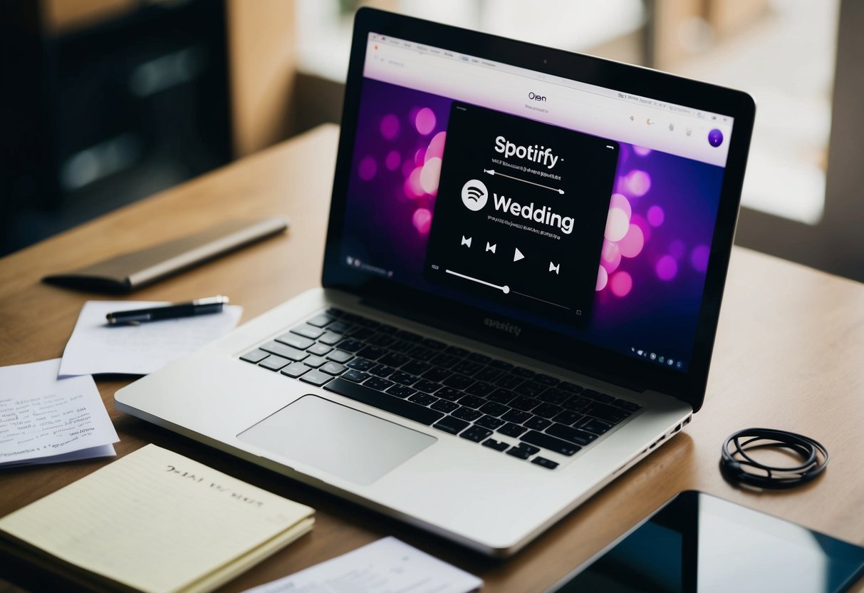A laptop open on a desk, with a Spotify playlist titled "Wedding" displayed on the screen, surrounded by scattered notes and a pen
