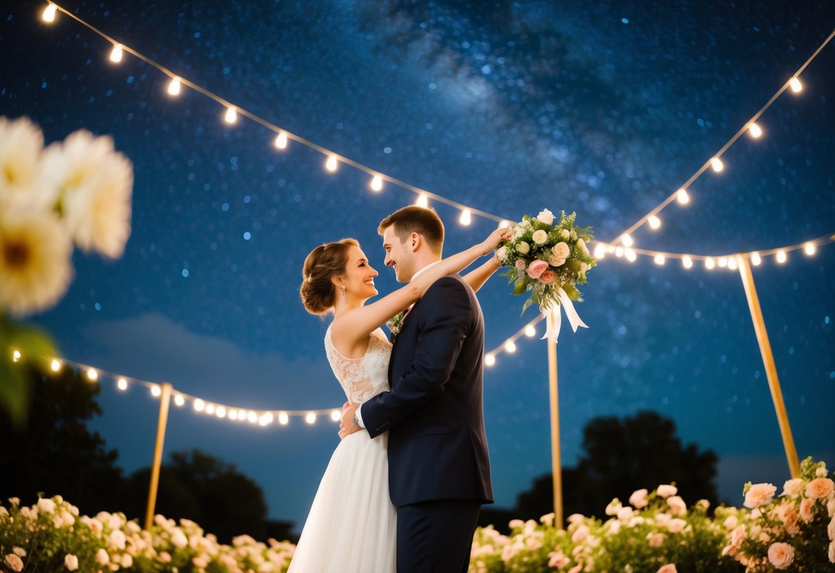 A couple dancing under a starry night sky, surrounded by twinkling lights and blooming flowers