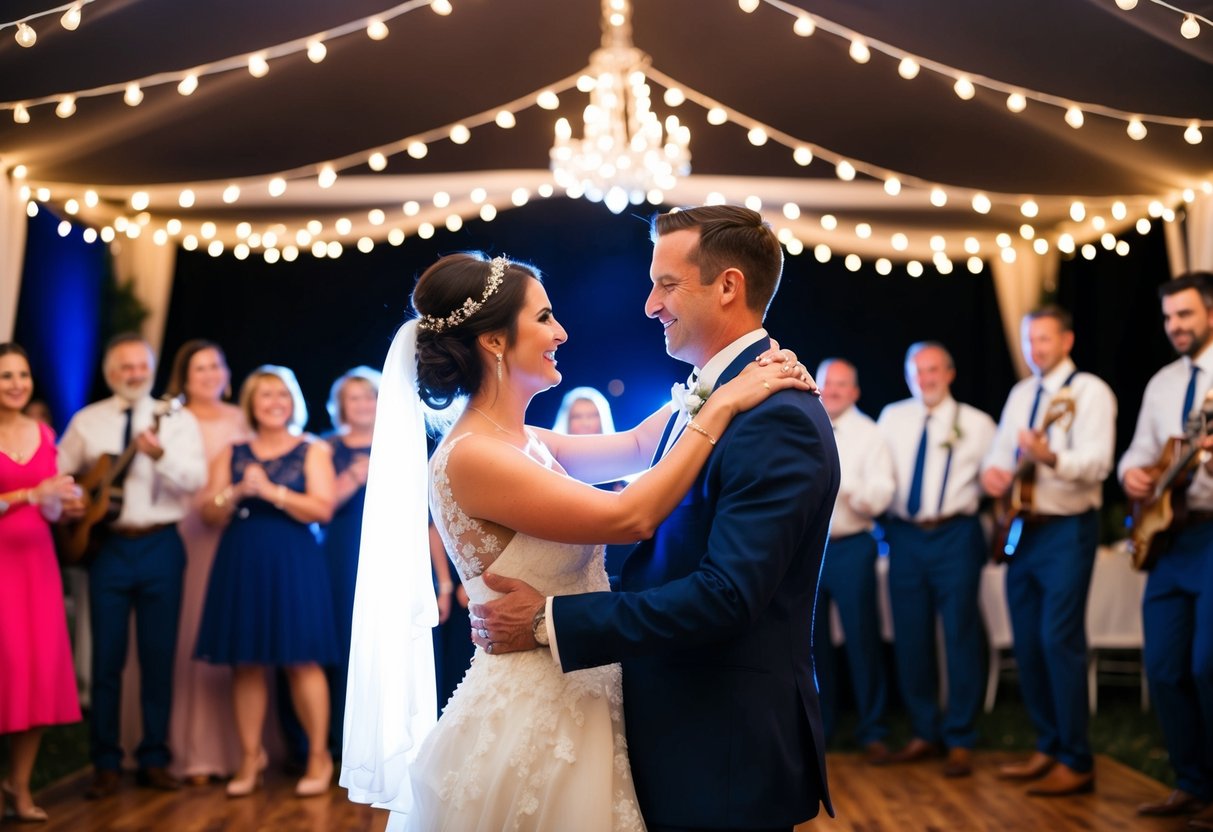 A bride and groom dancing under twinkling lights, surrounded by loved ones, with a live band playing "Unforgettable" as their wedding song
