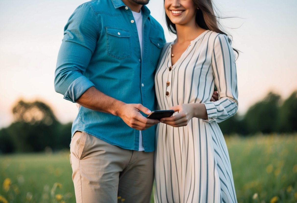 A couple standing together, smiling, and holding hands while listening to music on a smartphone