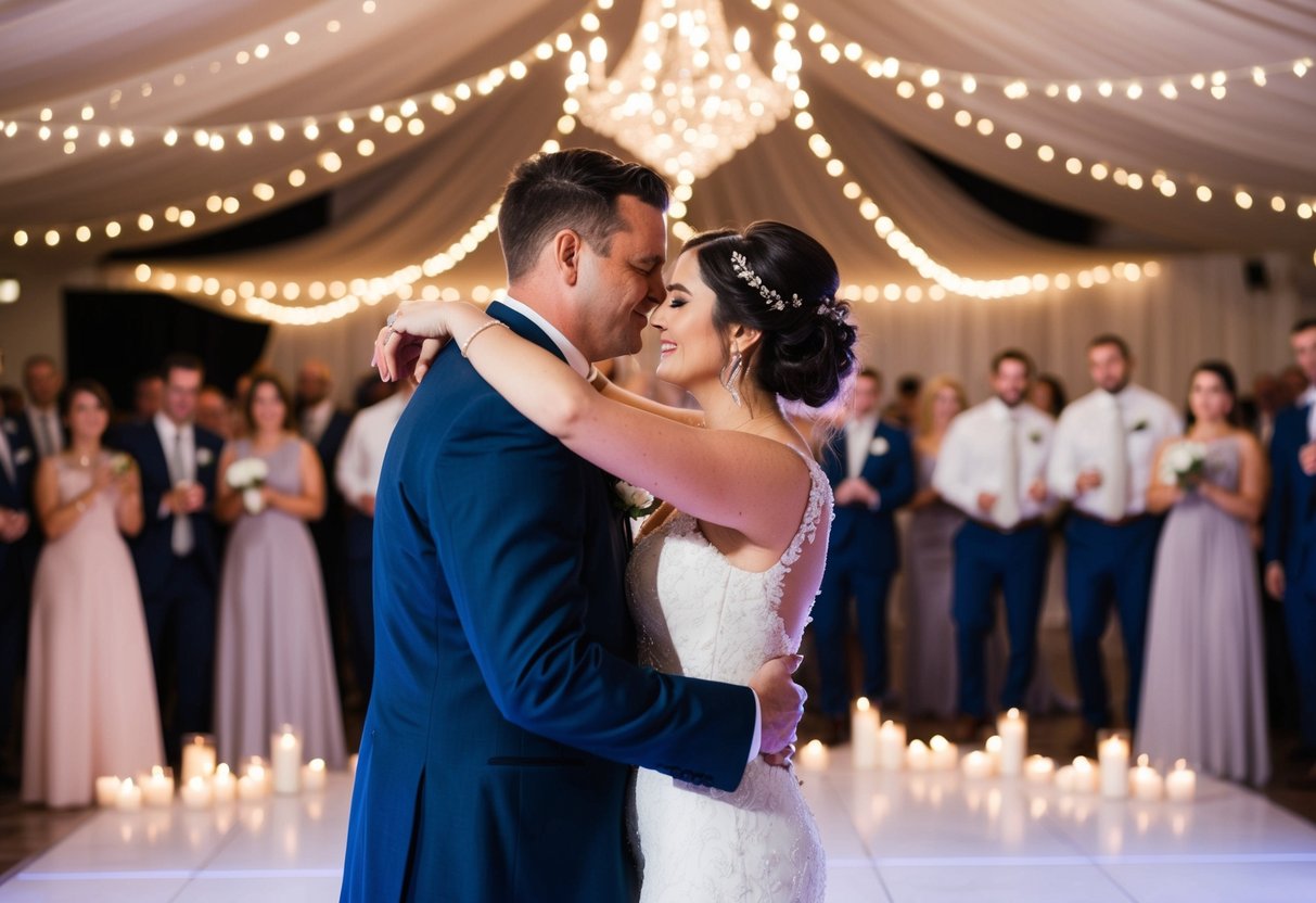 A couple embraces on the dance floor, surrounded by twinkling lights and the soft glow of candles, as the romantic melody of their wedding song fills the air