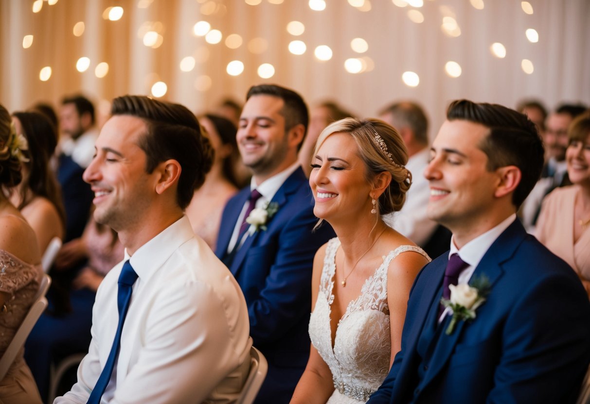 Guests sway and smile, eyes closed, as soft melodies fill the air. The music wraps around them, creating an atmosphere of love and joy