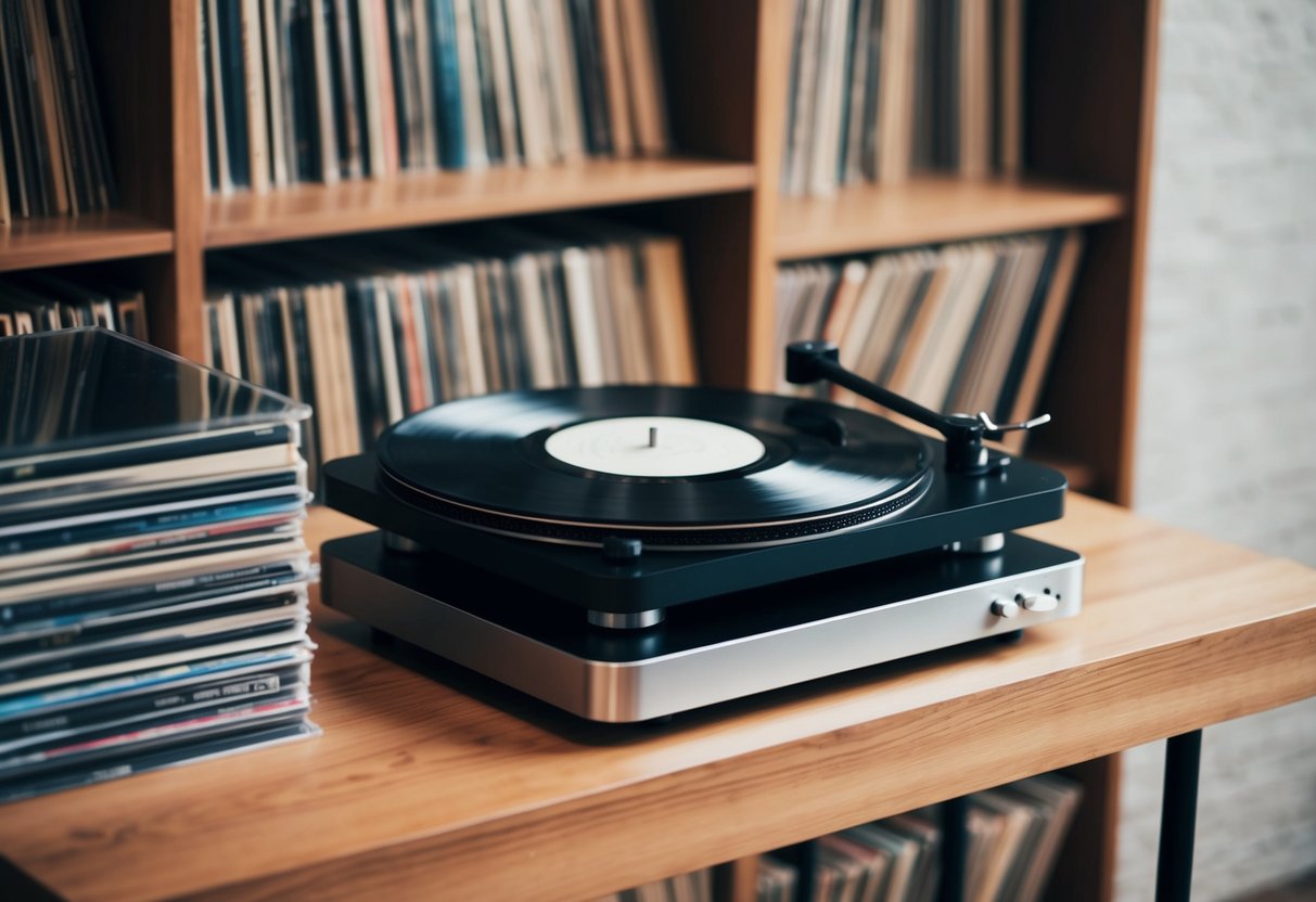 A record player with a stack of vinyl records next to it, one record placed on the turntable ready to play