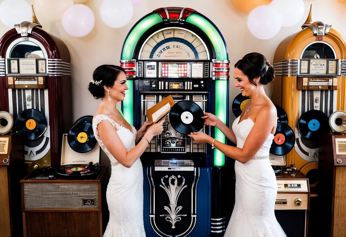 A couple standing in front of a jukebox, surrounded by vintage records and old-fashioned music players. They are flipping through the records, trying to select the perfect song for their first dance