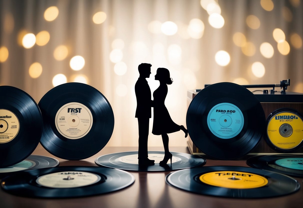 A couple's silhouette stands surrounded by a collection of vinyl records, each with a different genre label. A vintage record player sits in the background