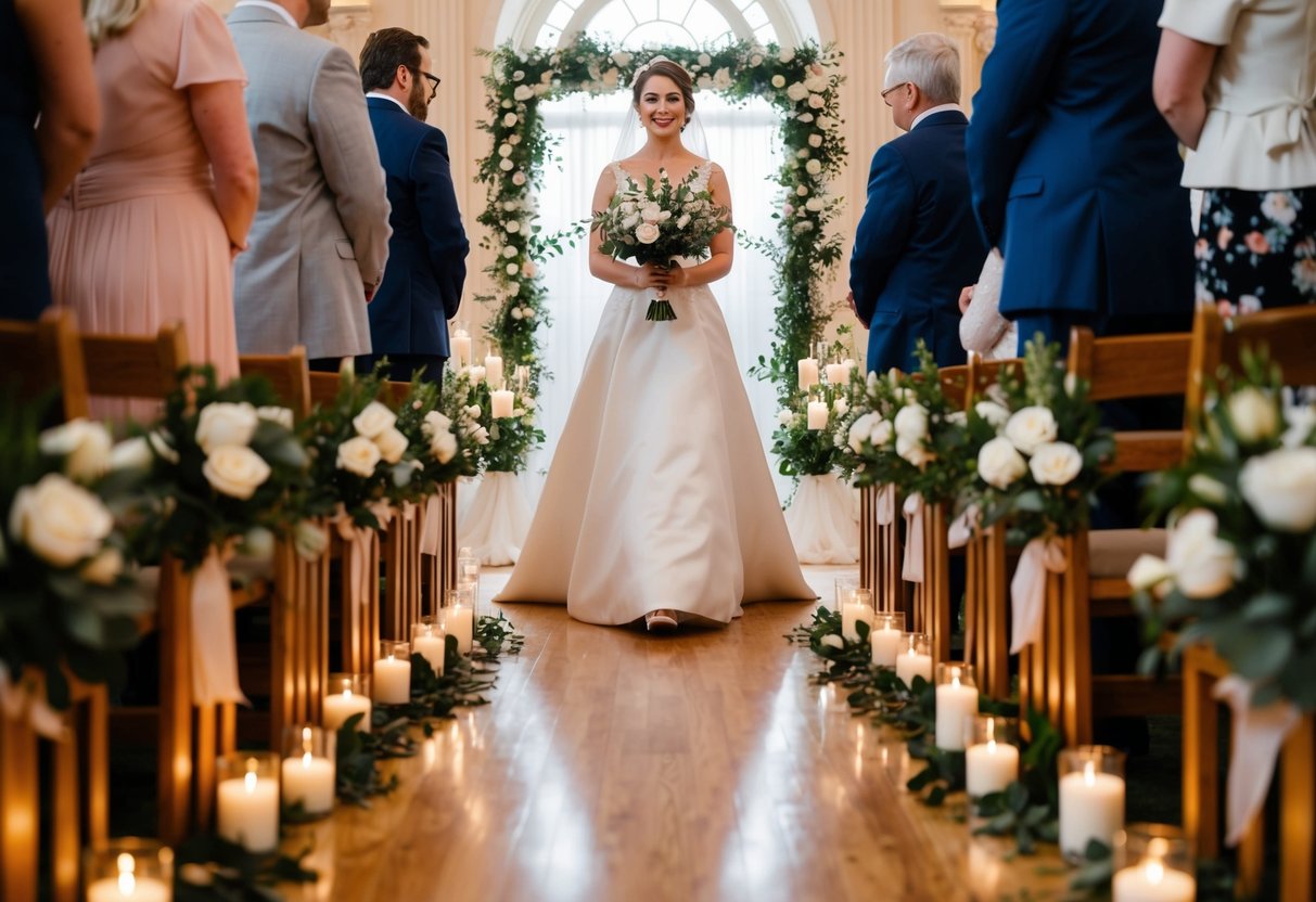 A bride walks down the aisle to the sound of soft music, surrounded by flowers and candles, with her eyes fixed on her partner at the end of the aisle