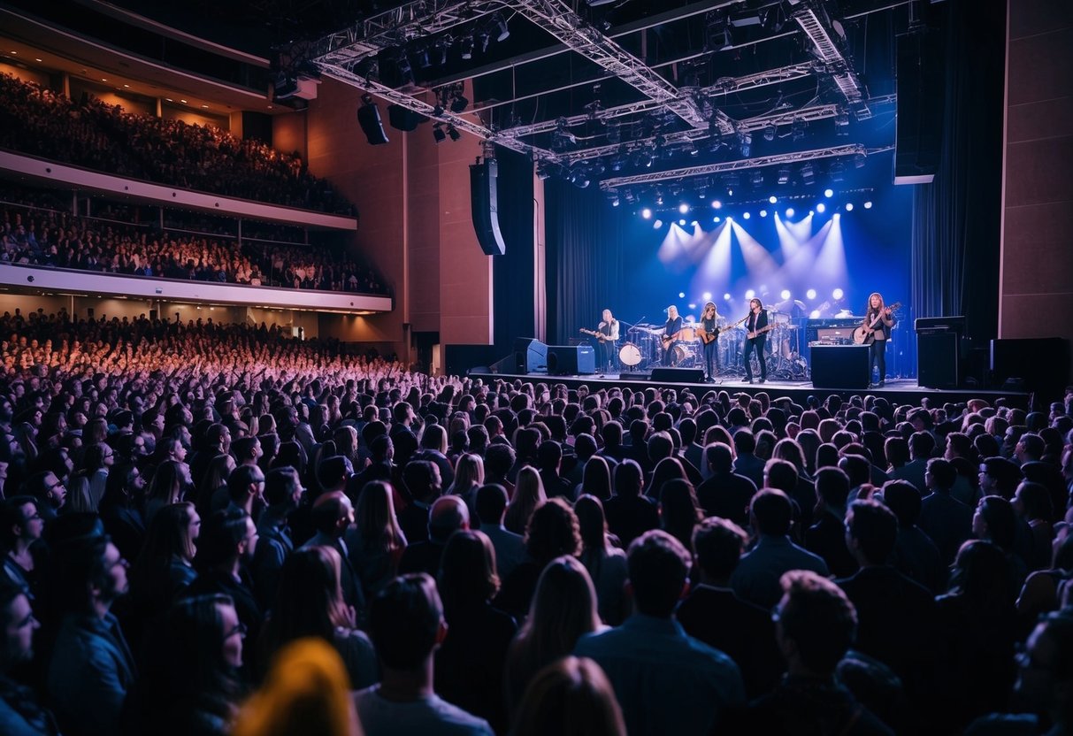 A crowded concert hall with a stage and a band performing to an enthusiastic audience