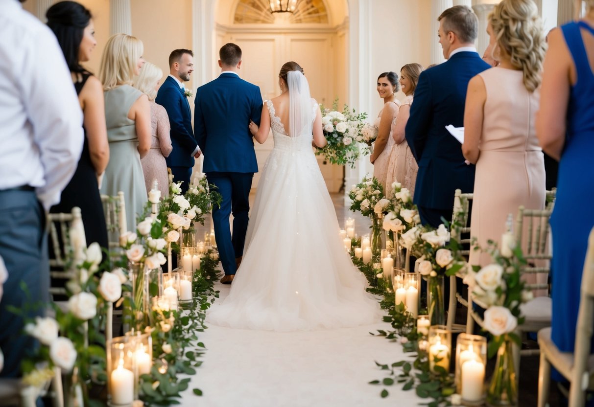 A bride walks down the aisle towards her groom, surrounded by flowers and candles, with soft music playing in the background