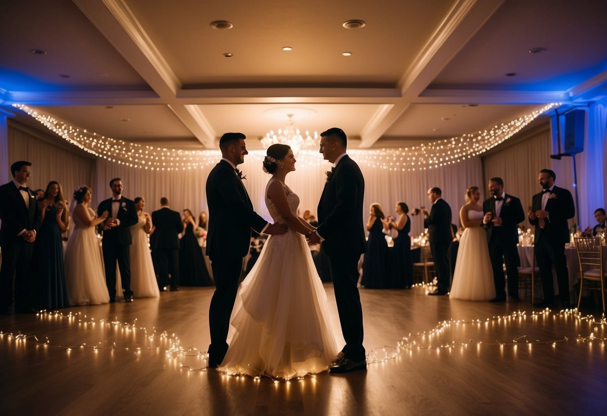 A dimly lit ballroom with couples swaying to a slow song, illuminated by soft candlelight and twinkling fairy lights