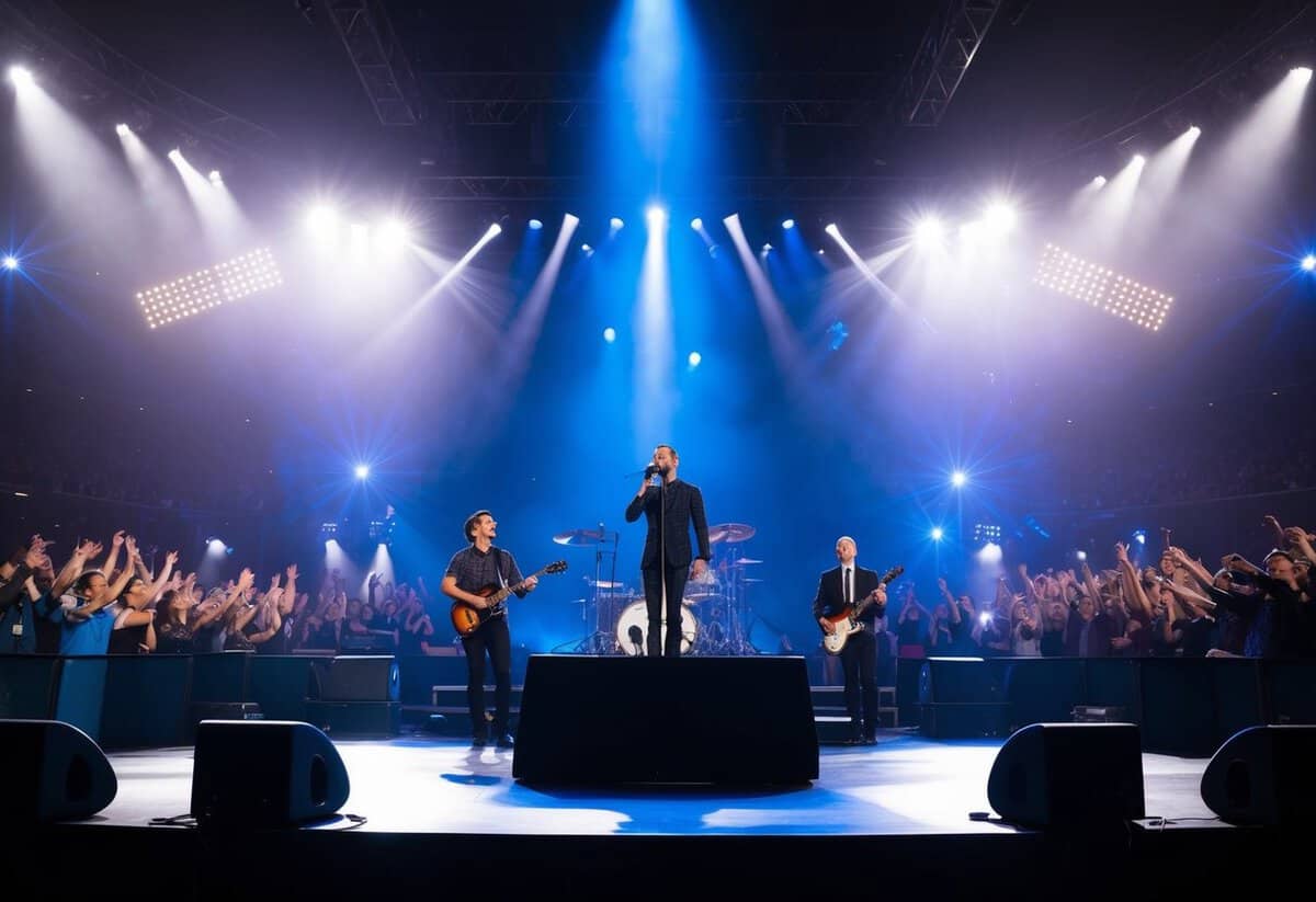 A spotlight shines on a grand stage with a microphone and instruments, surrounded by cheering fans and flashing lights