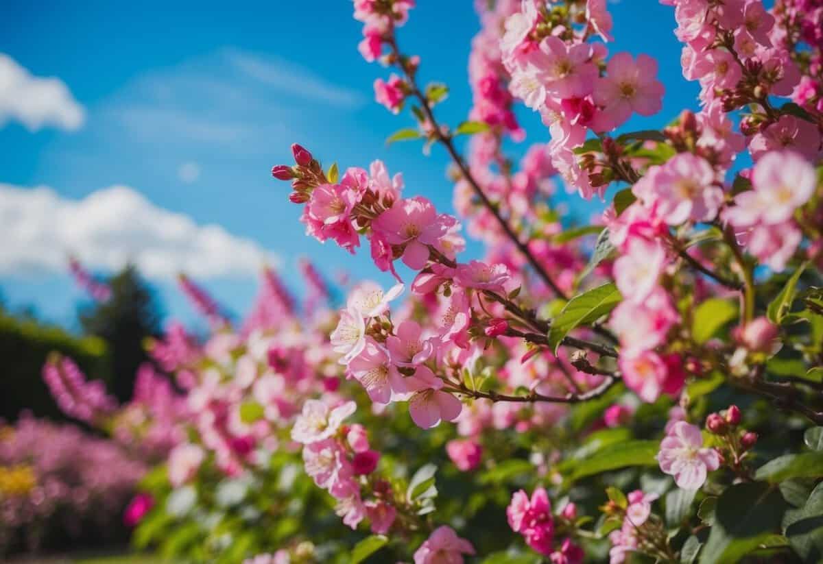 A vibrant garden with blossoming flowers and a clear blue sky