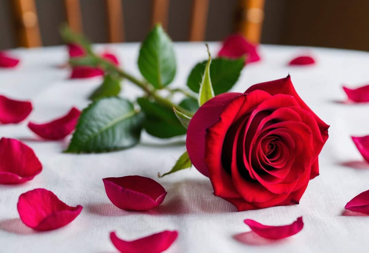 A single red rose placed on a white tablecloth, surrounded by scattered rose petals